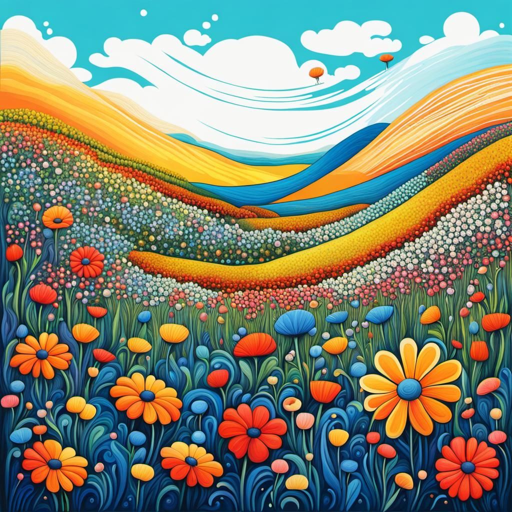 Detailed Bucolic Flower Field in Abstract Art Style