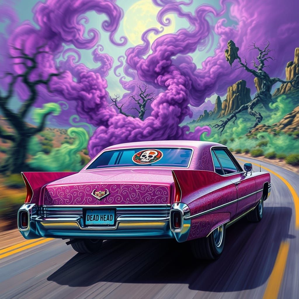 Psychedelic Cadillac on Desert Highway in Dreamlike Style