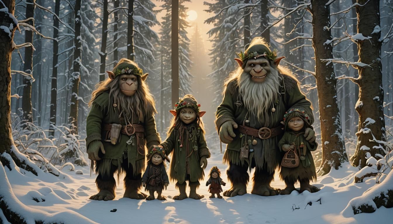Norwegian Troll Family in Winter Forest