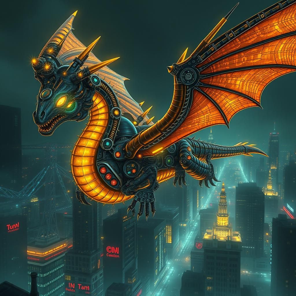 Mechanical Dragon Soaring Over Cyberpunk City