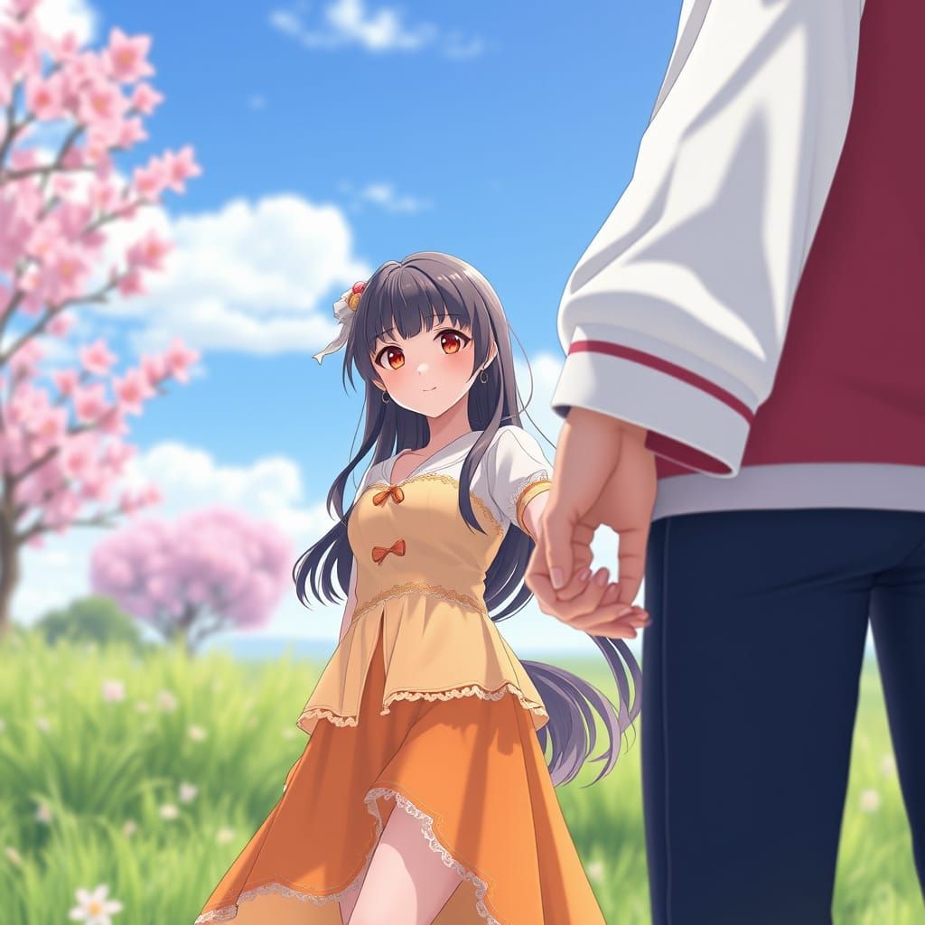 Anime Style Young Couple Holding Hands