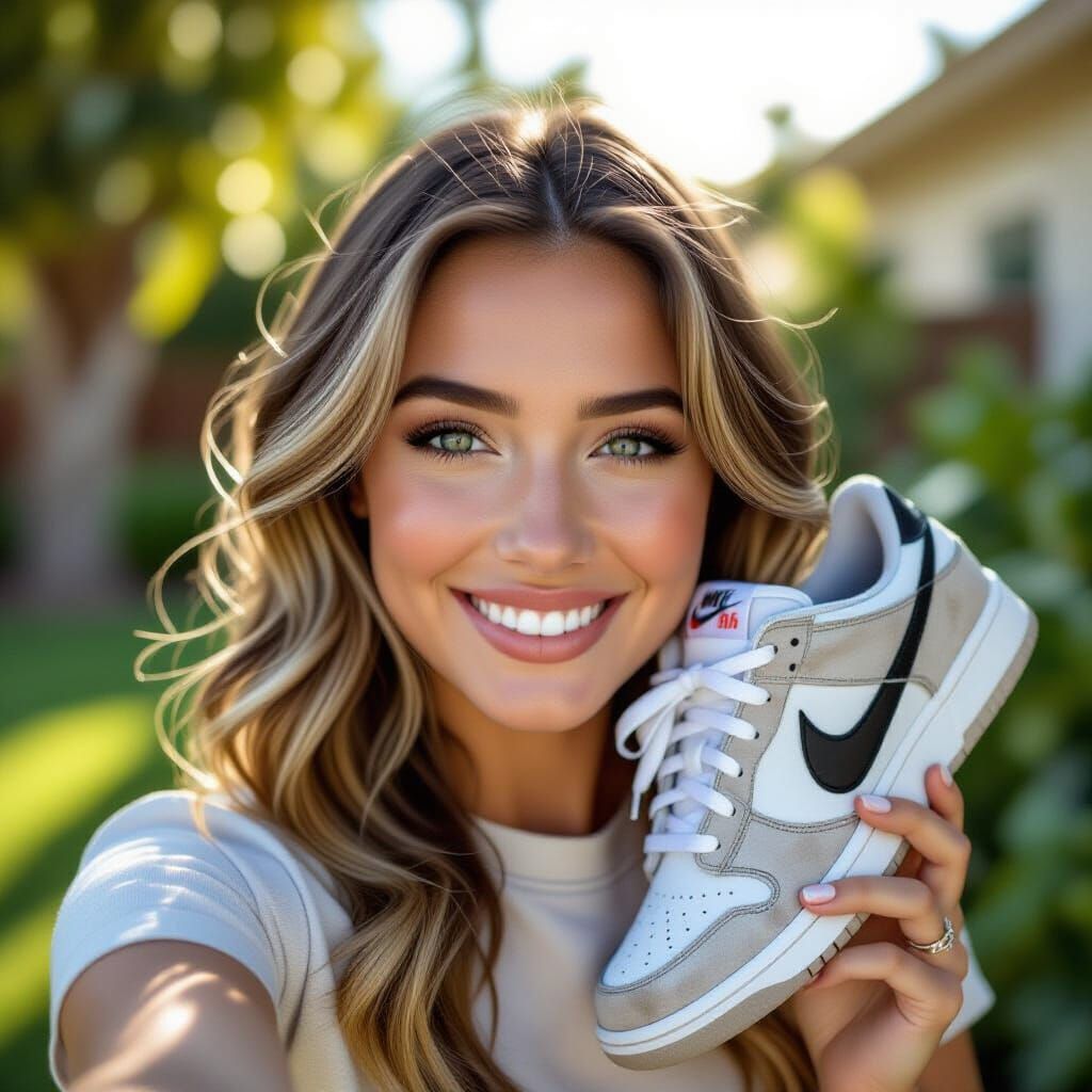 Smiling Woman Takes Selfie With Worn Nike Sneakers