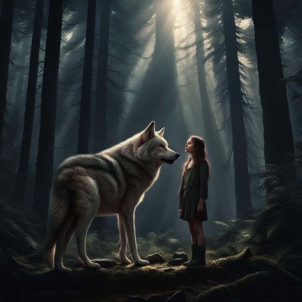 Girl and Wolf in Forest of Light