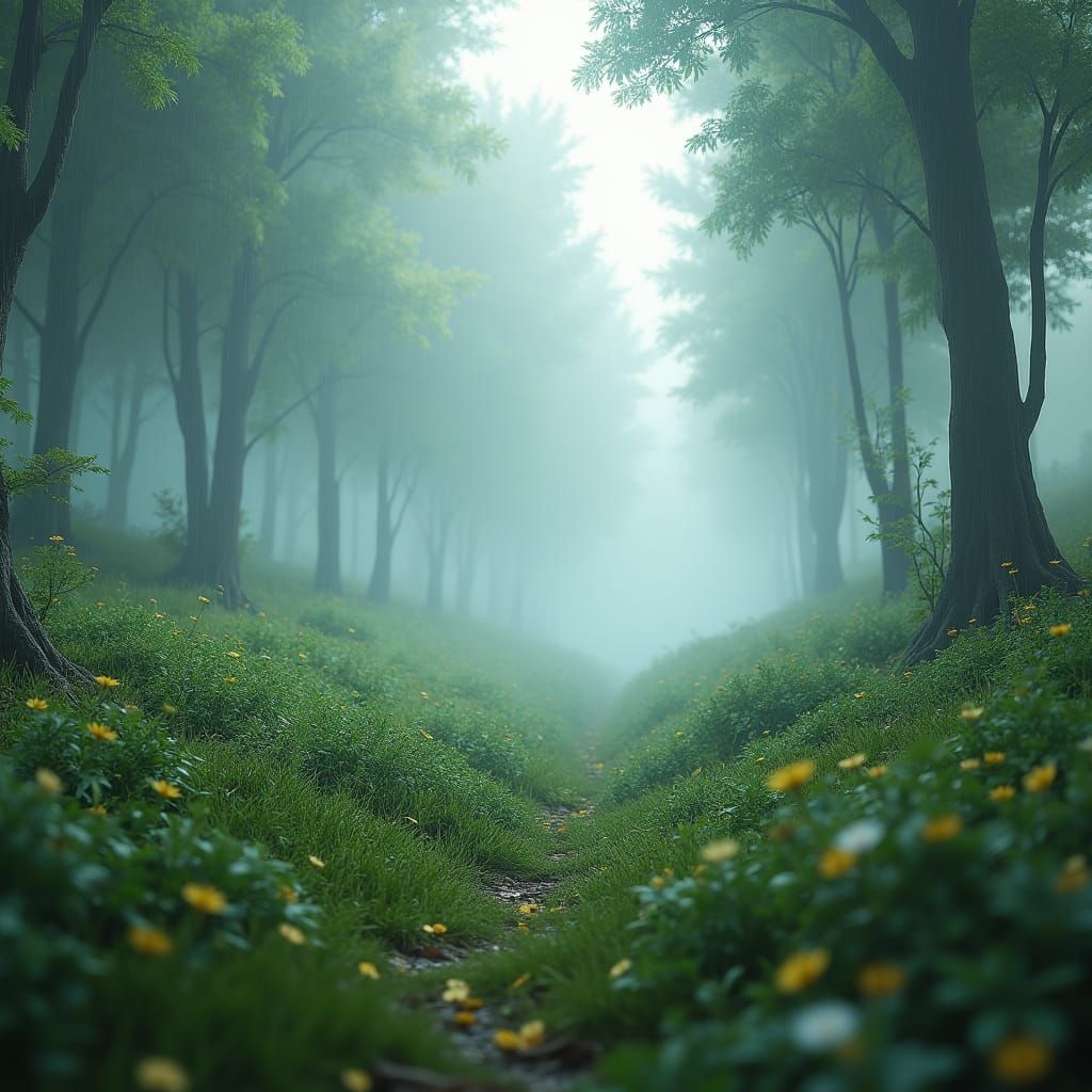 Hyperrealistic Rainy Autumn Scenery with Fog and Flowers