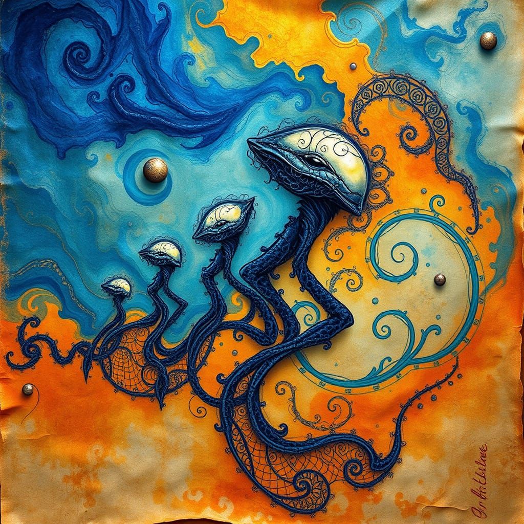 Ethereal Alien Life Cycle Unfolds on Ancient Parchment in Ab...