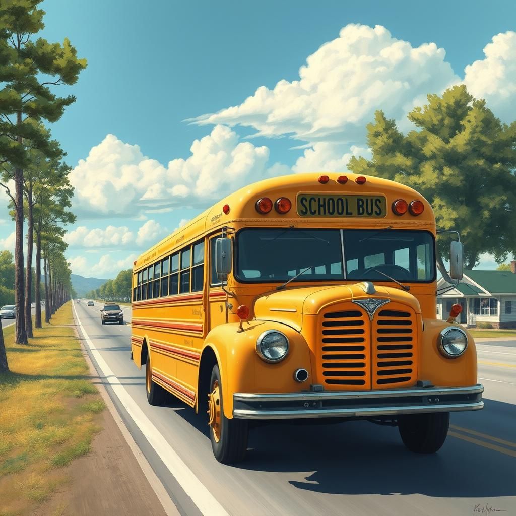 Vintage School Bus Gouache Painting on American Highway