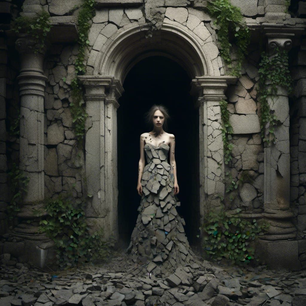 Cracked and Glowing Woman Before Crumbling Mansion