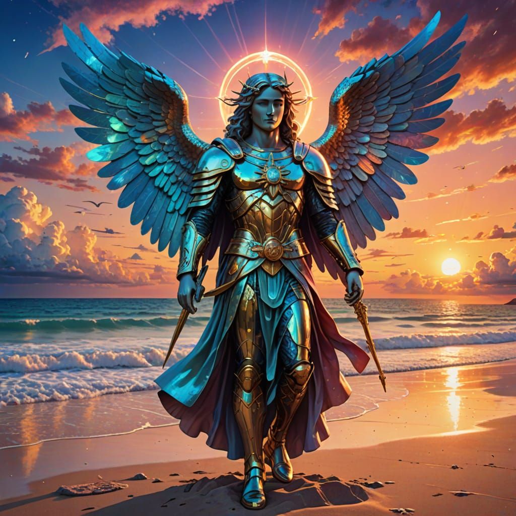 Archangel Uriel Illuminates Cosmic Beach Sunset