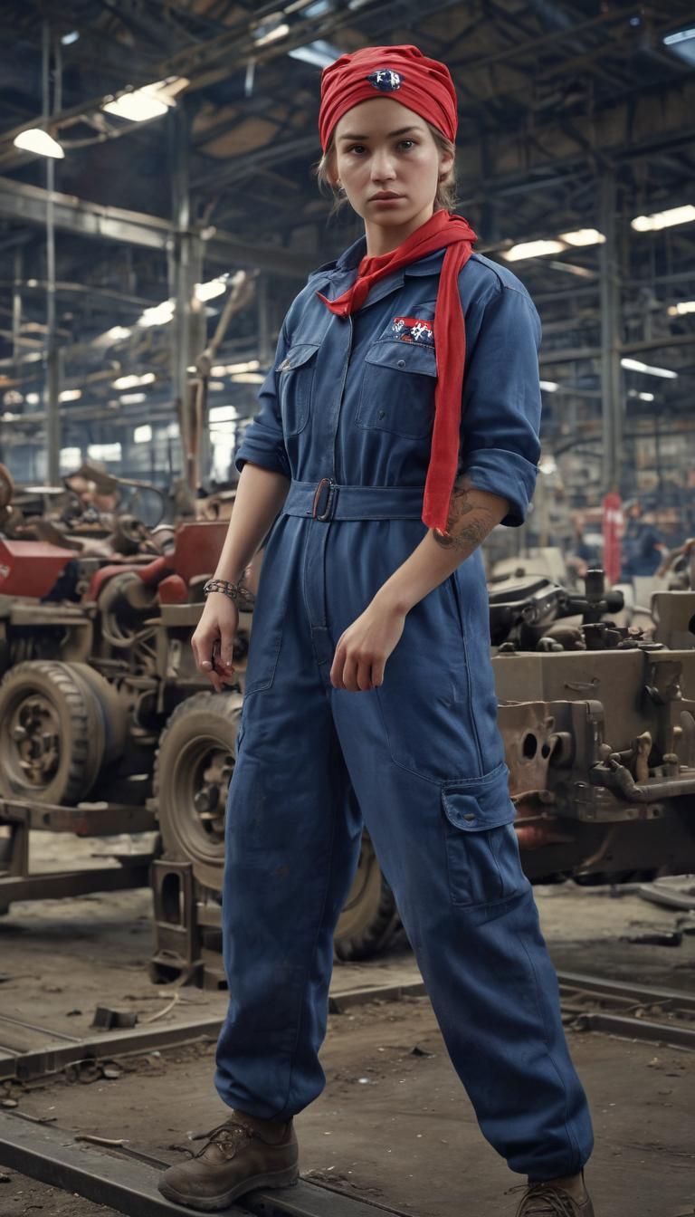 A female factory worker, wearing a blue jumpsuit and a red b...