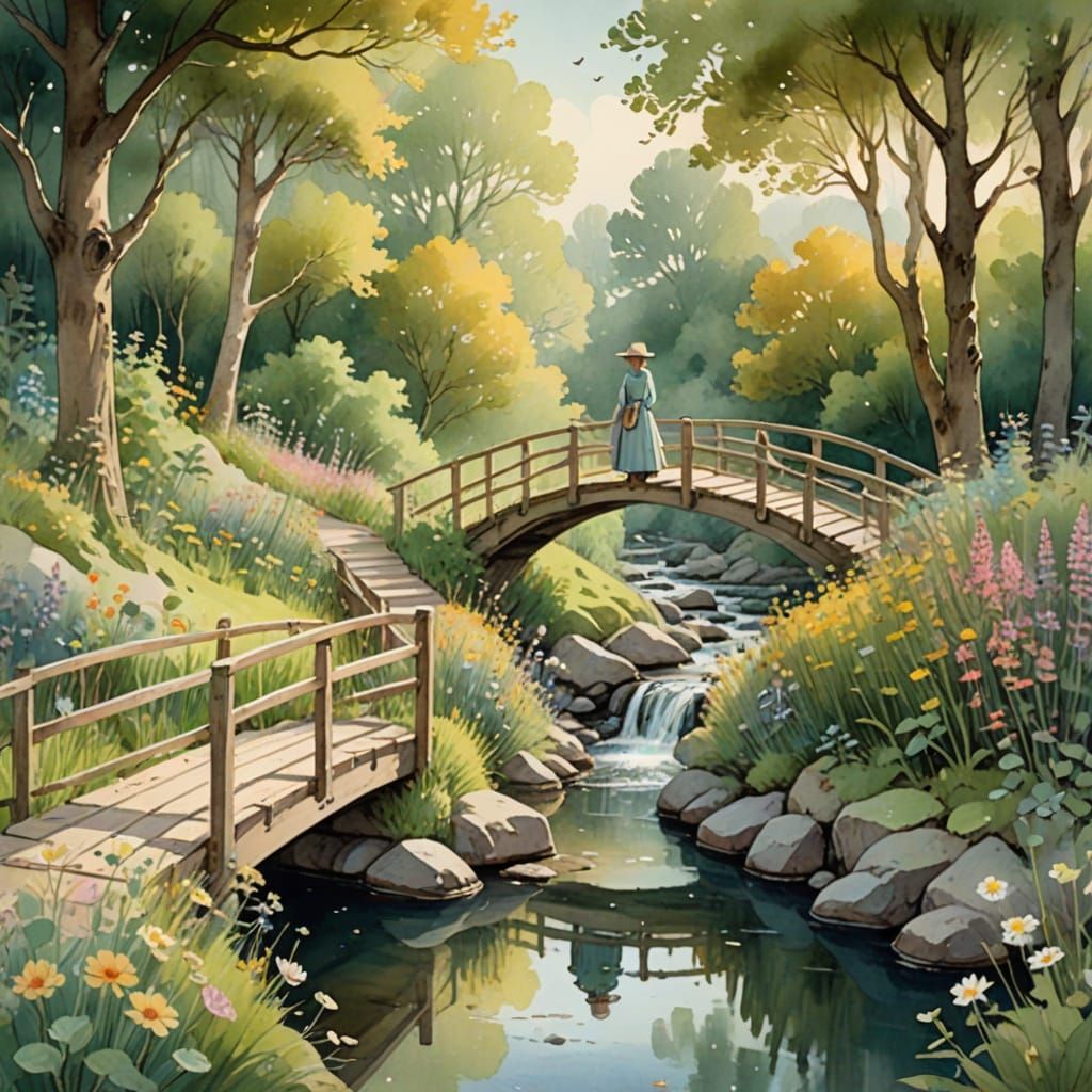Whimsical Footbridge in a Serene Watercolor Wonderland
