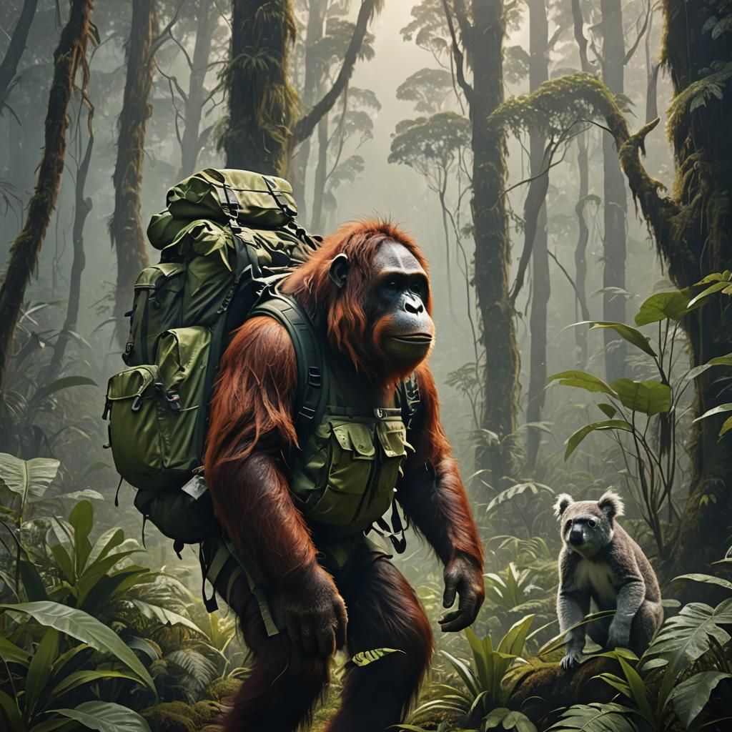 Orangutan Koala Hybrid Treks Through Misty Forest