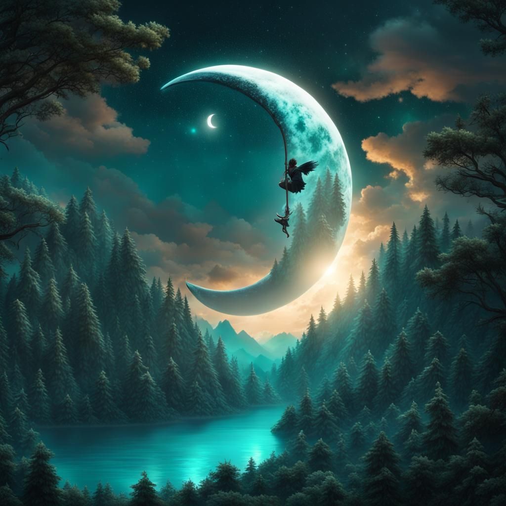 Sprite on Moon Above Turquoise Forest