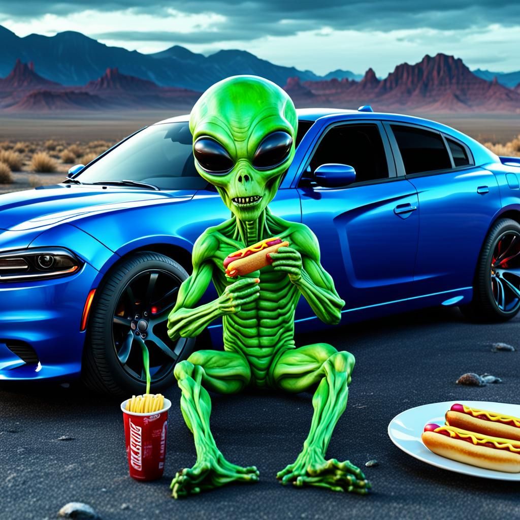Alien Eats Hot Dog in 4K Dodge Charger