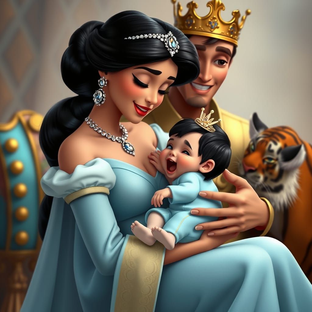 Jasmine, Aladdin, and Baby in Live-Action Style