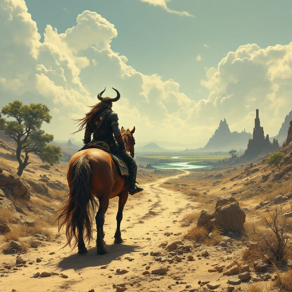 Post-Apocalyptic Warrior Rides Majestic Steed Through Ruins