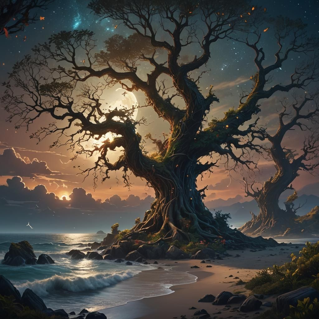 Fantastical Night Scene: Wind and Starry Skies