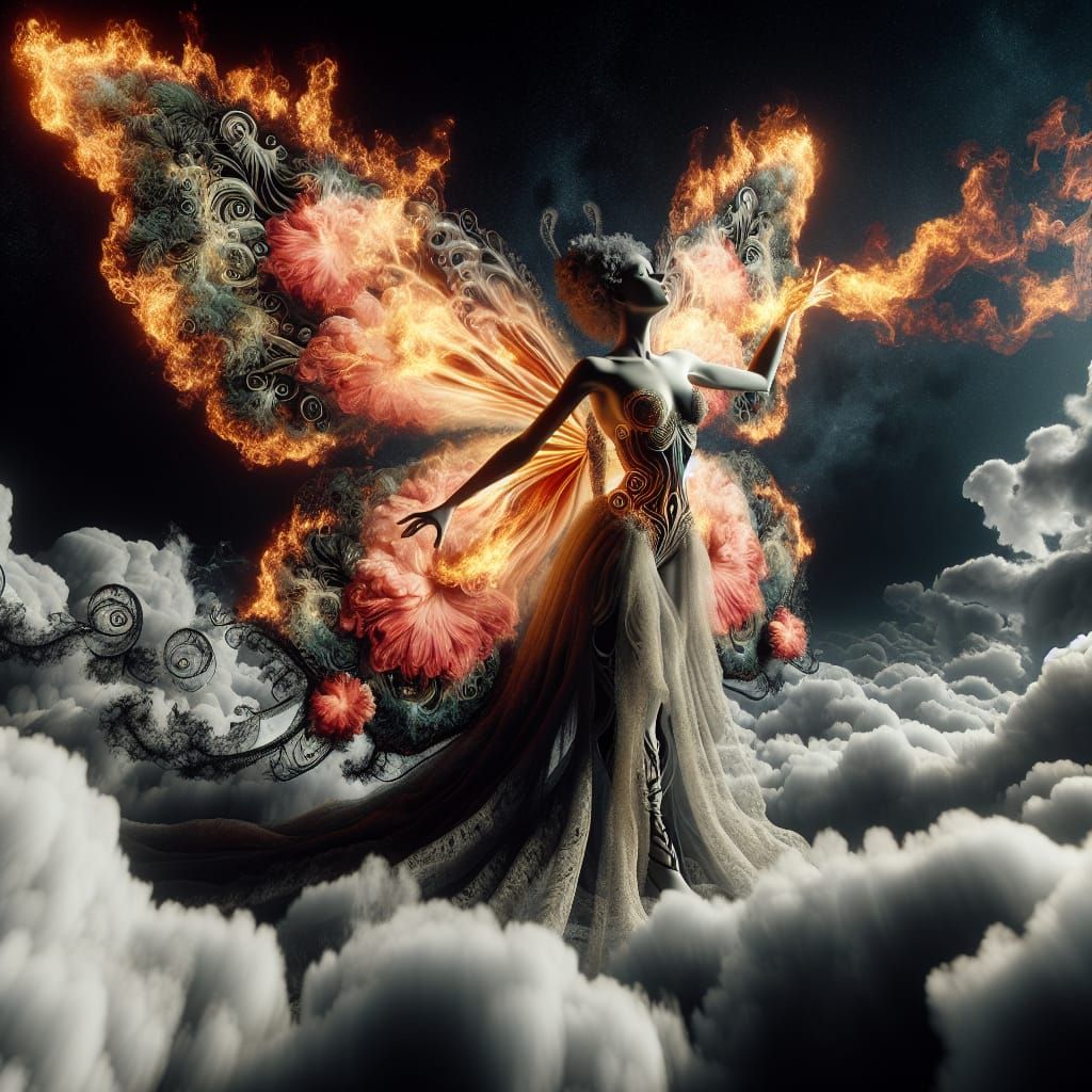 Fiery Woman with Butterfly Wings in Night Sky