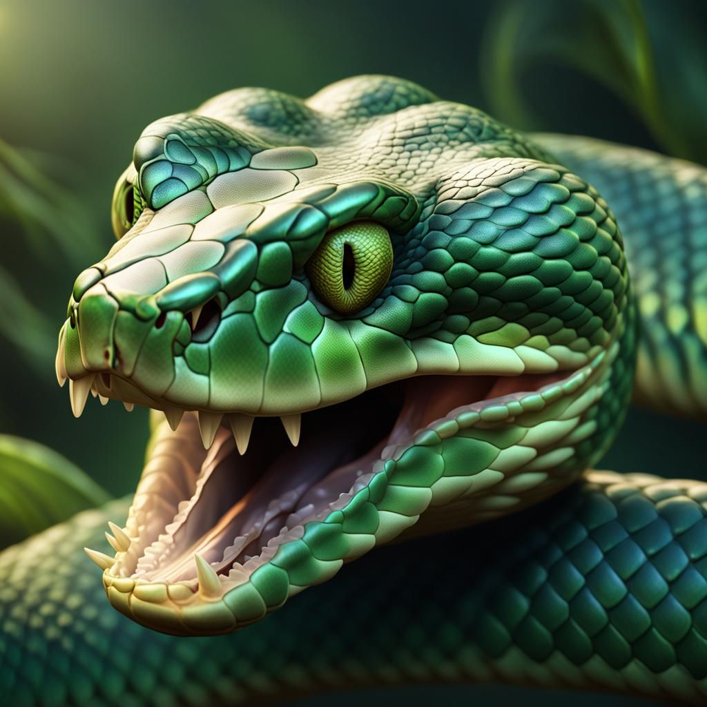Hyperrealistic Digital Painting of a Green Snake's Open Mout...