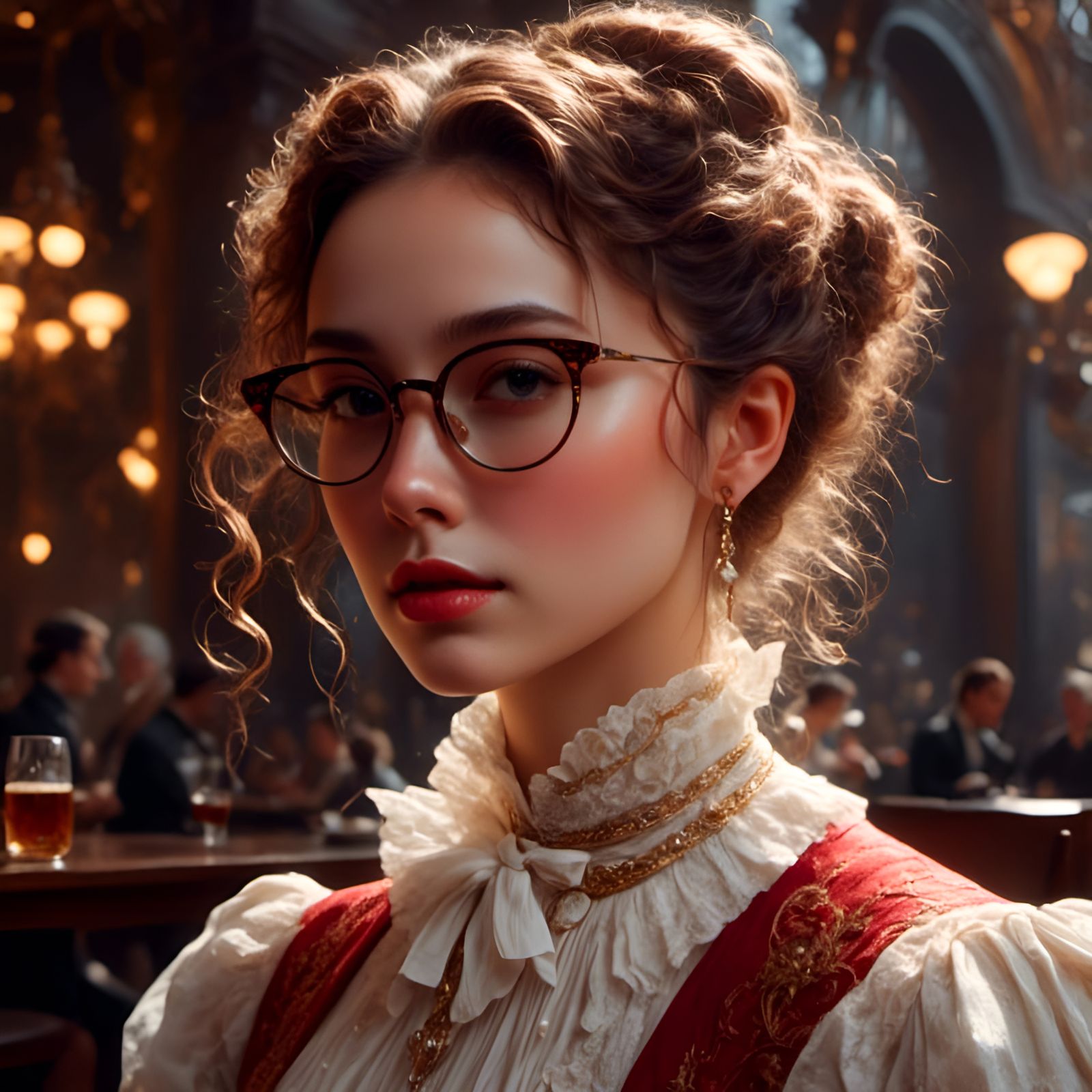 Cafe Portrait of Woman with Glasses in Rococo Style