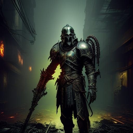 Cybergothic Deathknight Warrior in Industrial Wasteland