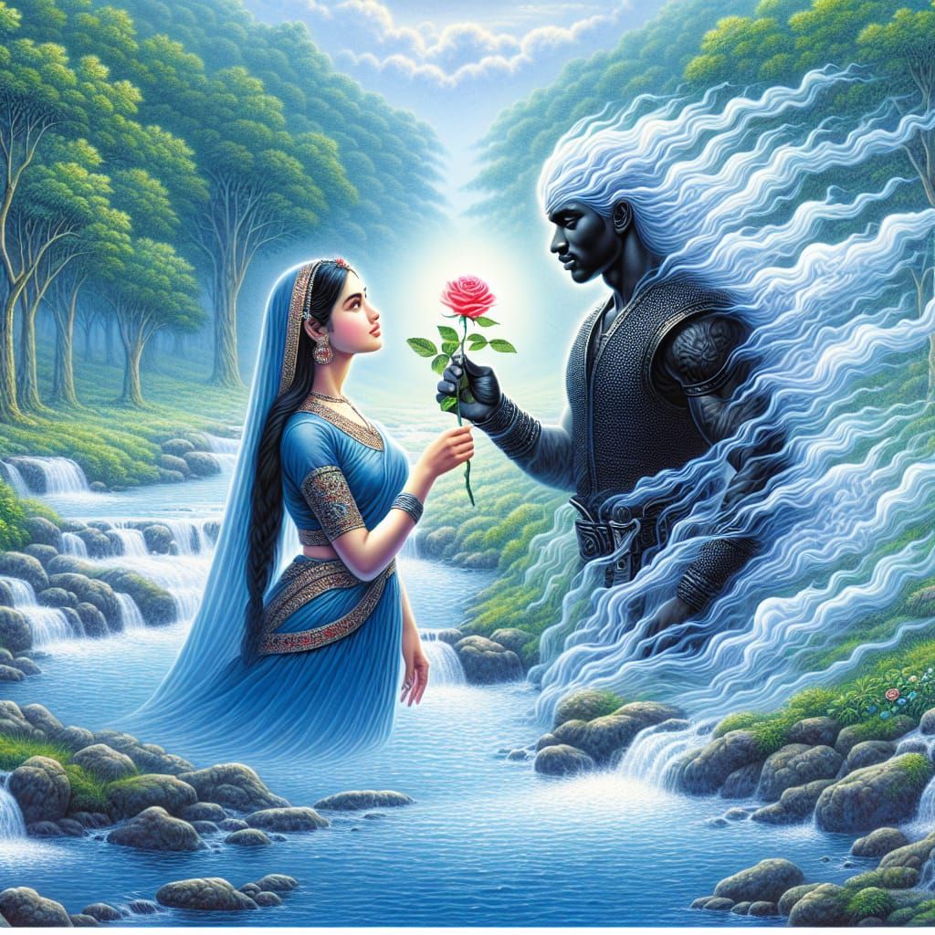 Lovers by a Stream with a Mystical Rose