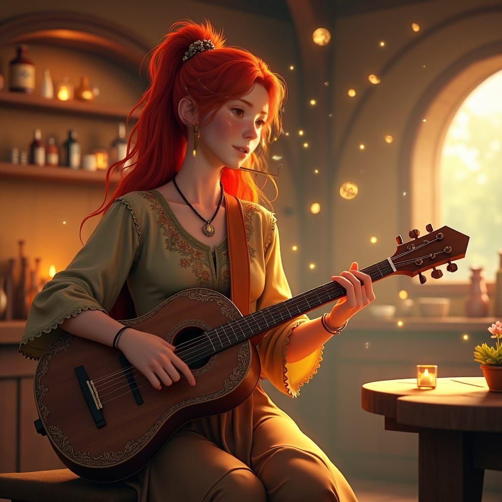 Red-Haired Bard in Tavern: 3D Anime Art