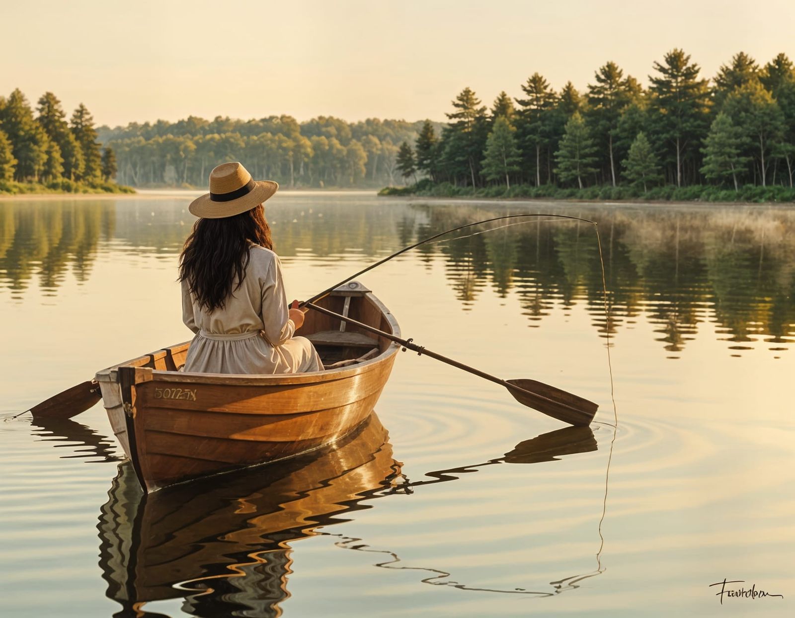 Woman Fishing on Lake in Watercolor and Ink Style