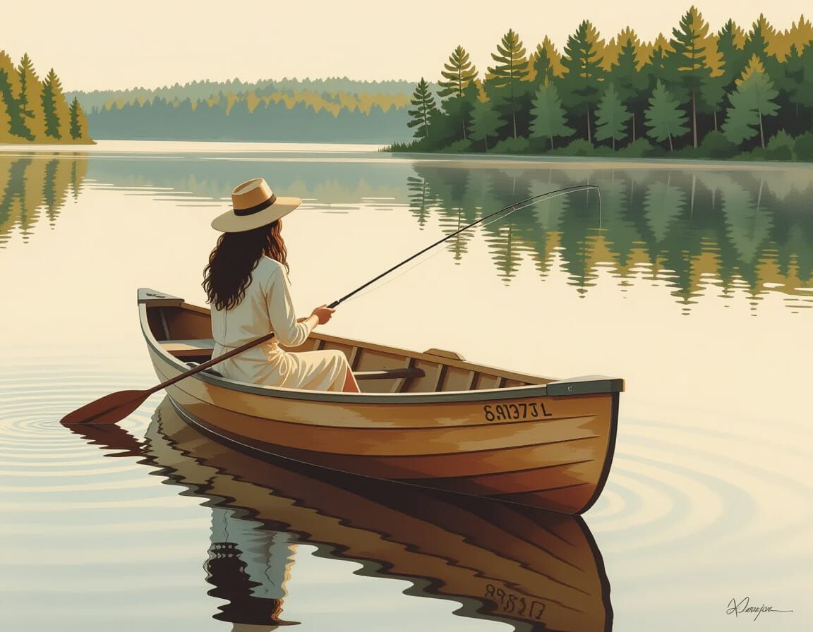 Woman Fishing on Peaceful Lake in Watercolor Style