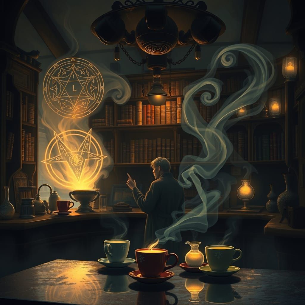 Magical Cafe with Spectral Barista and Glowing Sigils