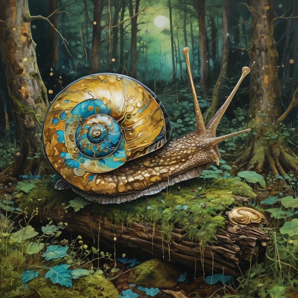 Snail on Bioluminescent Log with Moon, Alcohol Ink Art