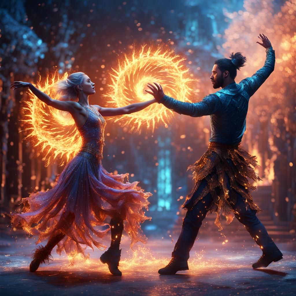 Ice Crystal Woman and Fire Man Dancing