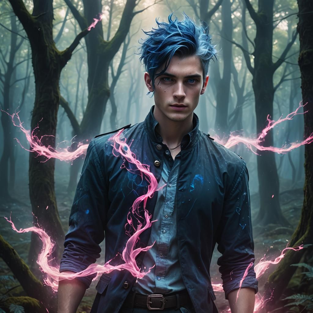 Mystical Forest Portrait: Young Man with Blue Hair