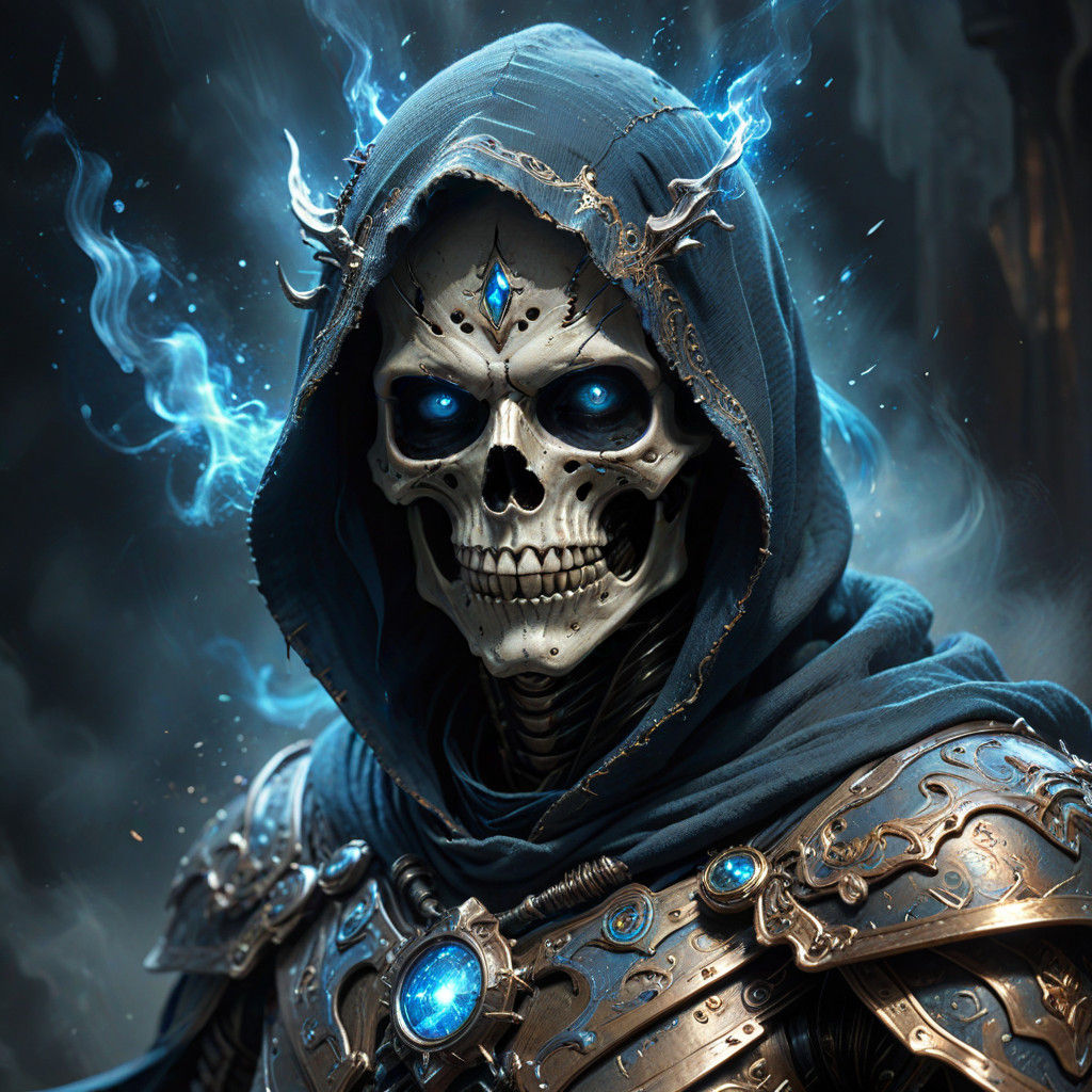Hyper-Realistic Skull Warrior Portrait in Electric Blue and....