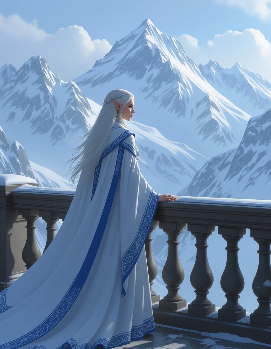 High Elf Woman Overlooking Snow Mountains