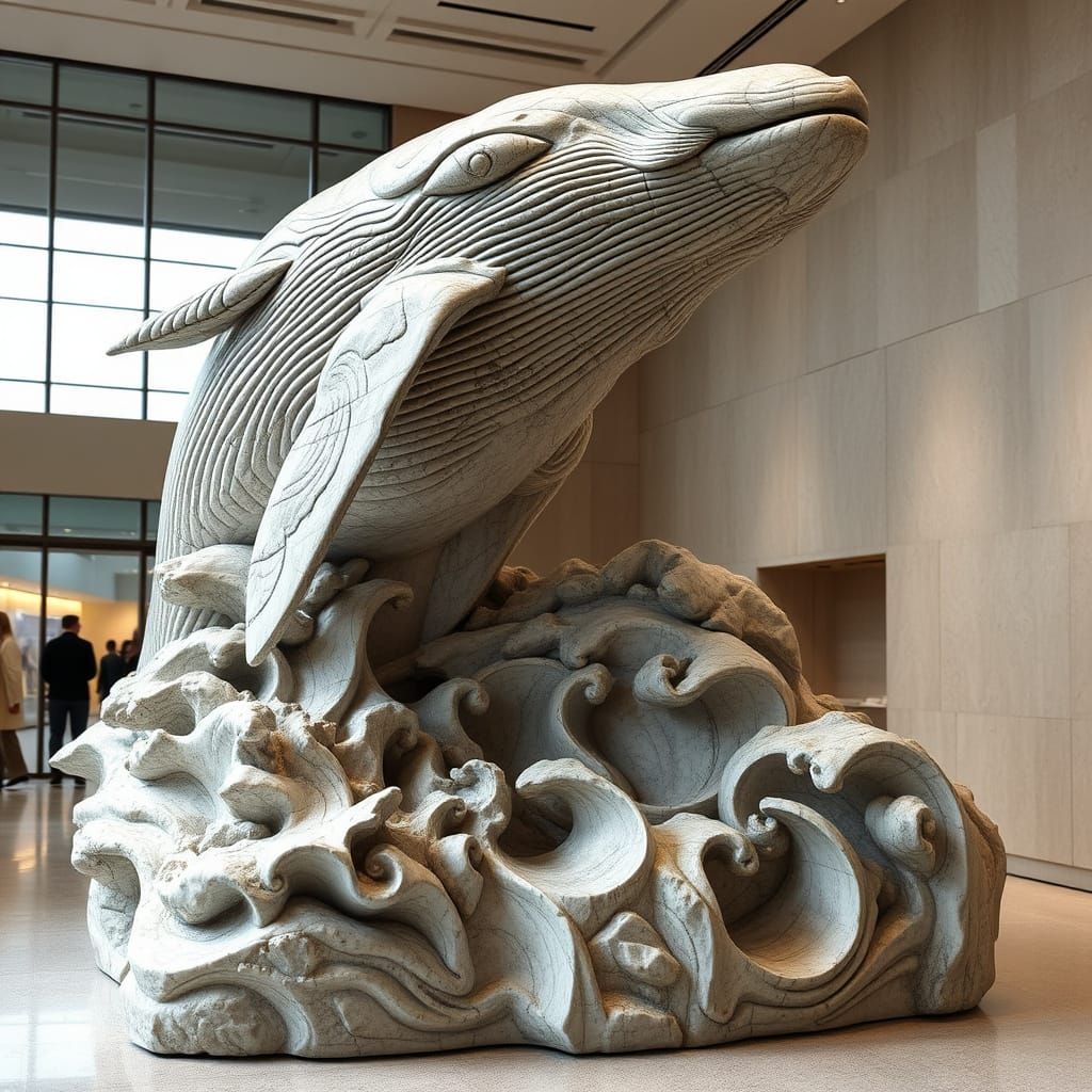 Majestic Whale Sculpture in Elegant Exhibition Hall