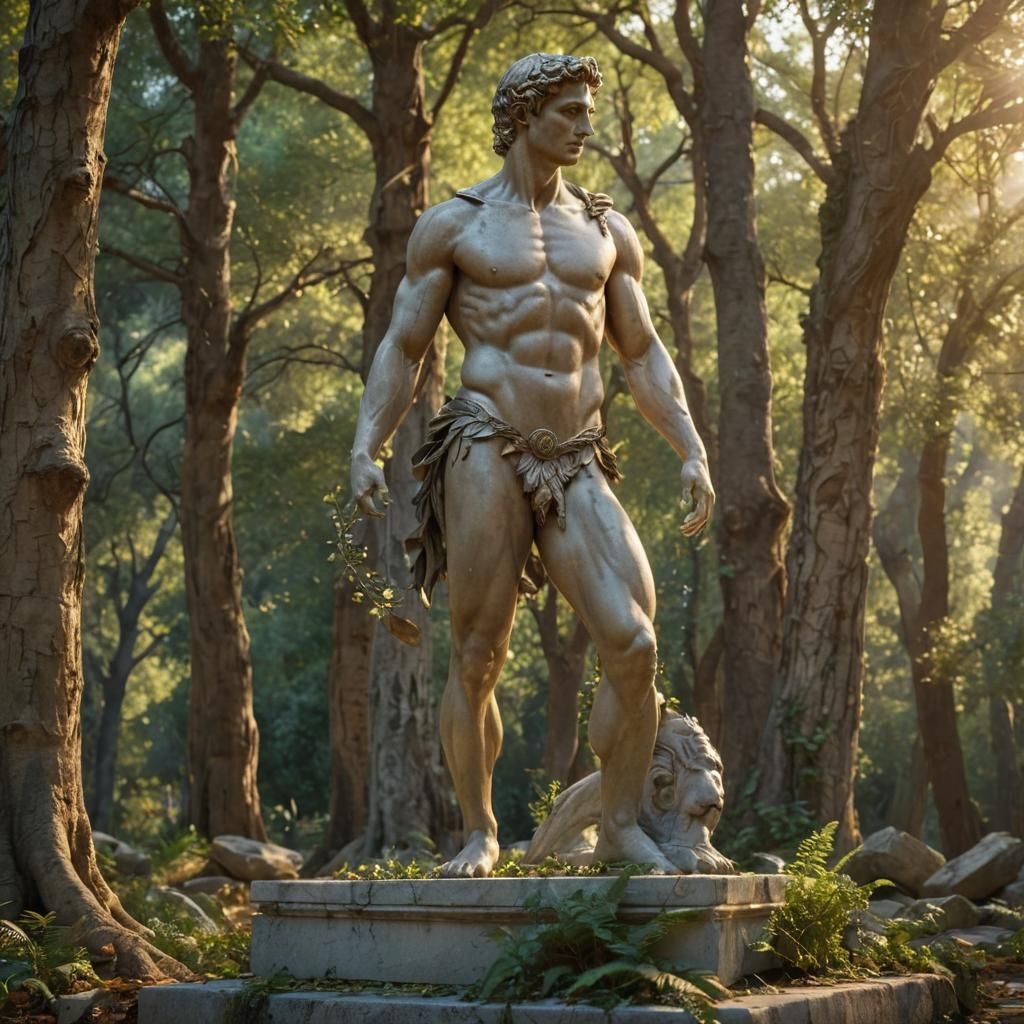 Apollo Statue in Ancient Greek Forest