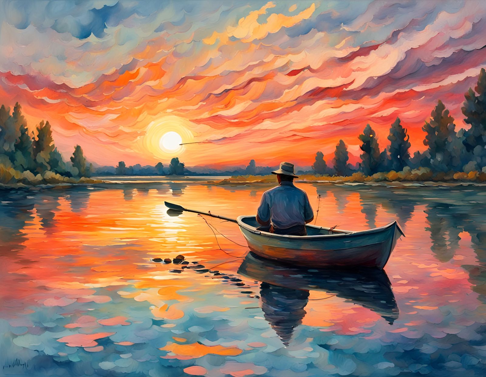 Fisherman at Sunset: Impressionist Gouache Watercolor Painti...