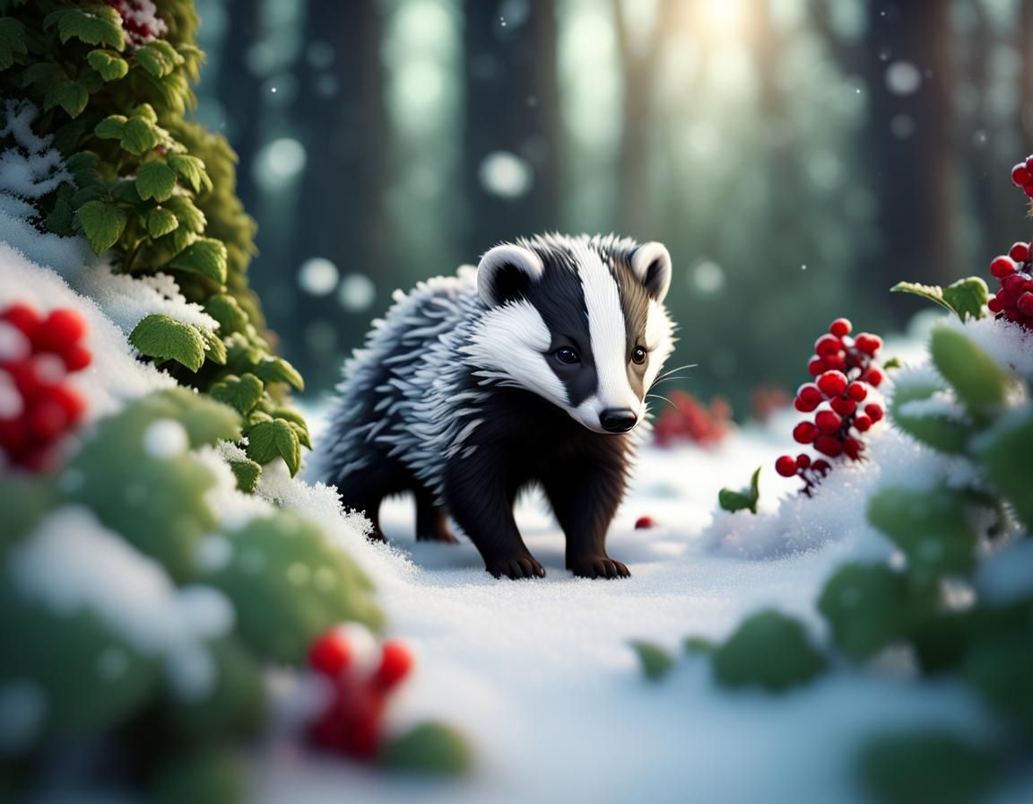 Fluffy Badger Cub in a Frozen Winter Forest