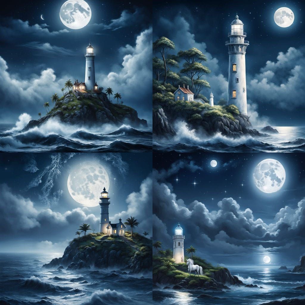 Moonlit Lighthouse with Unicorn on Lush Island