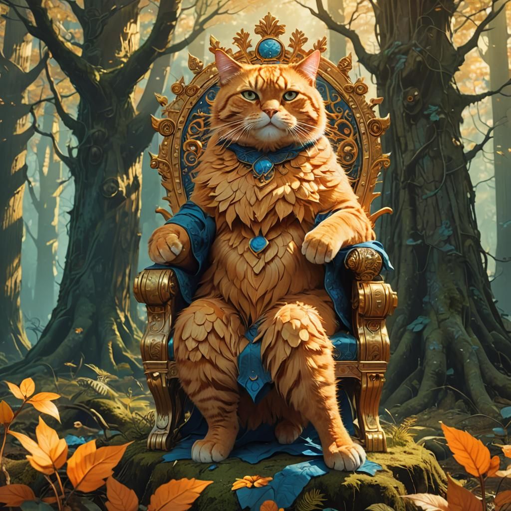 Orange Cat King in Mystical Forest Concept Art
