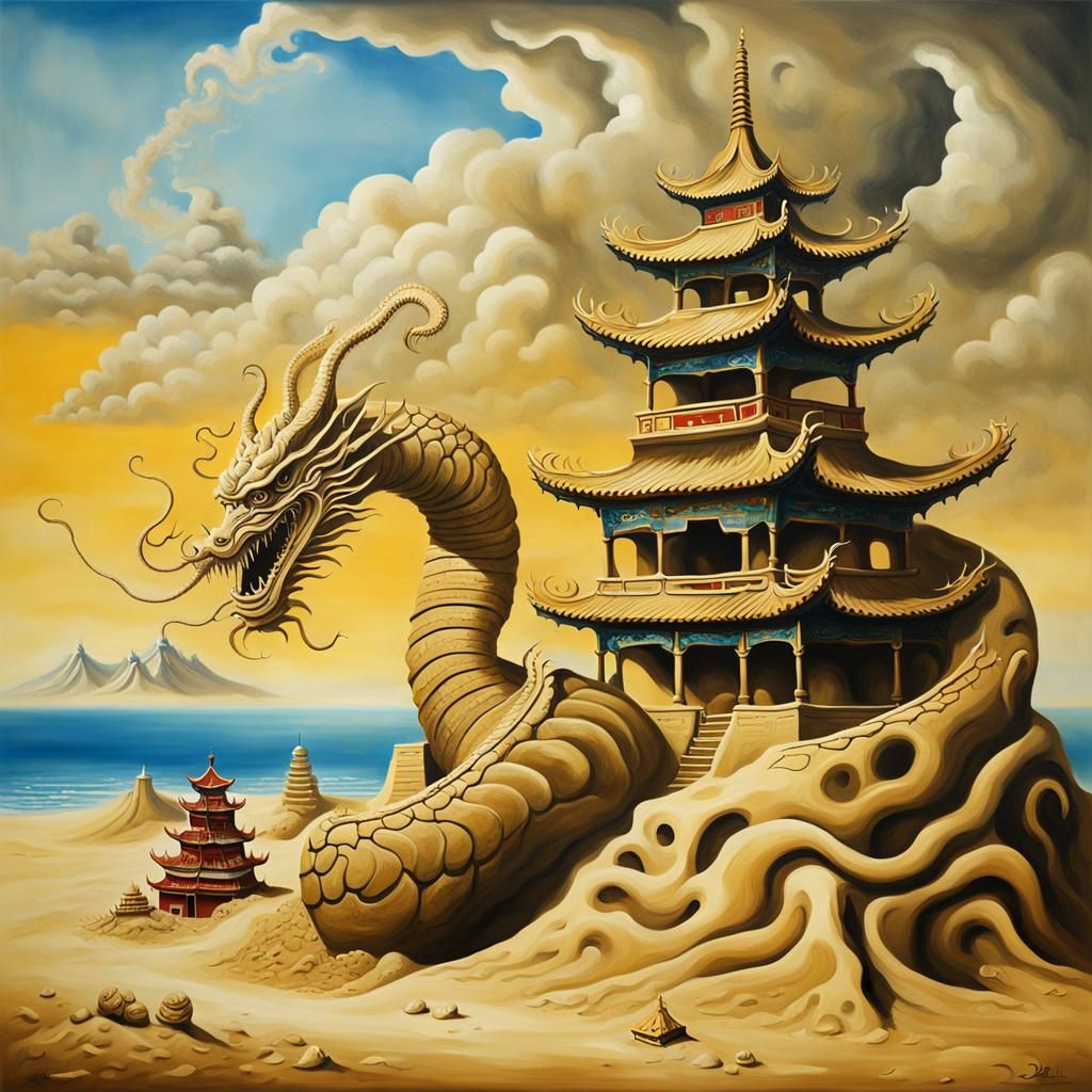 Surreal Chinese Sandcastle with Dragon in Dali Style