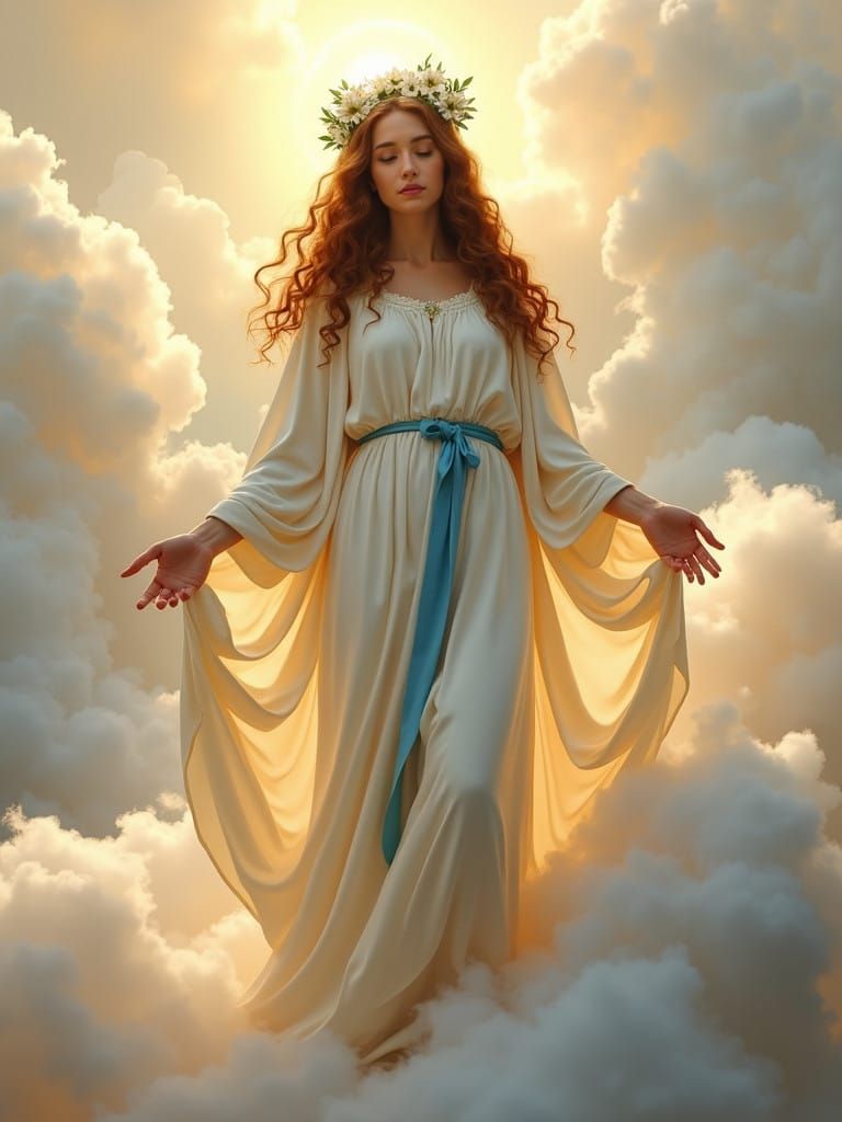 Regal Immaculate Virgin in Elegant White Robes with Blue Sas...