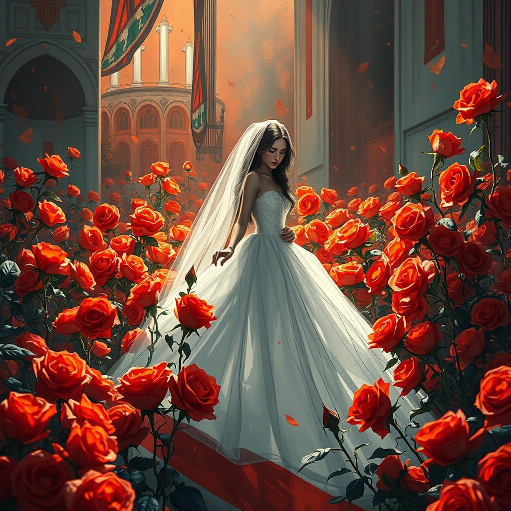 Ethereal Bride in a Sea of Red Roses