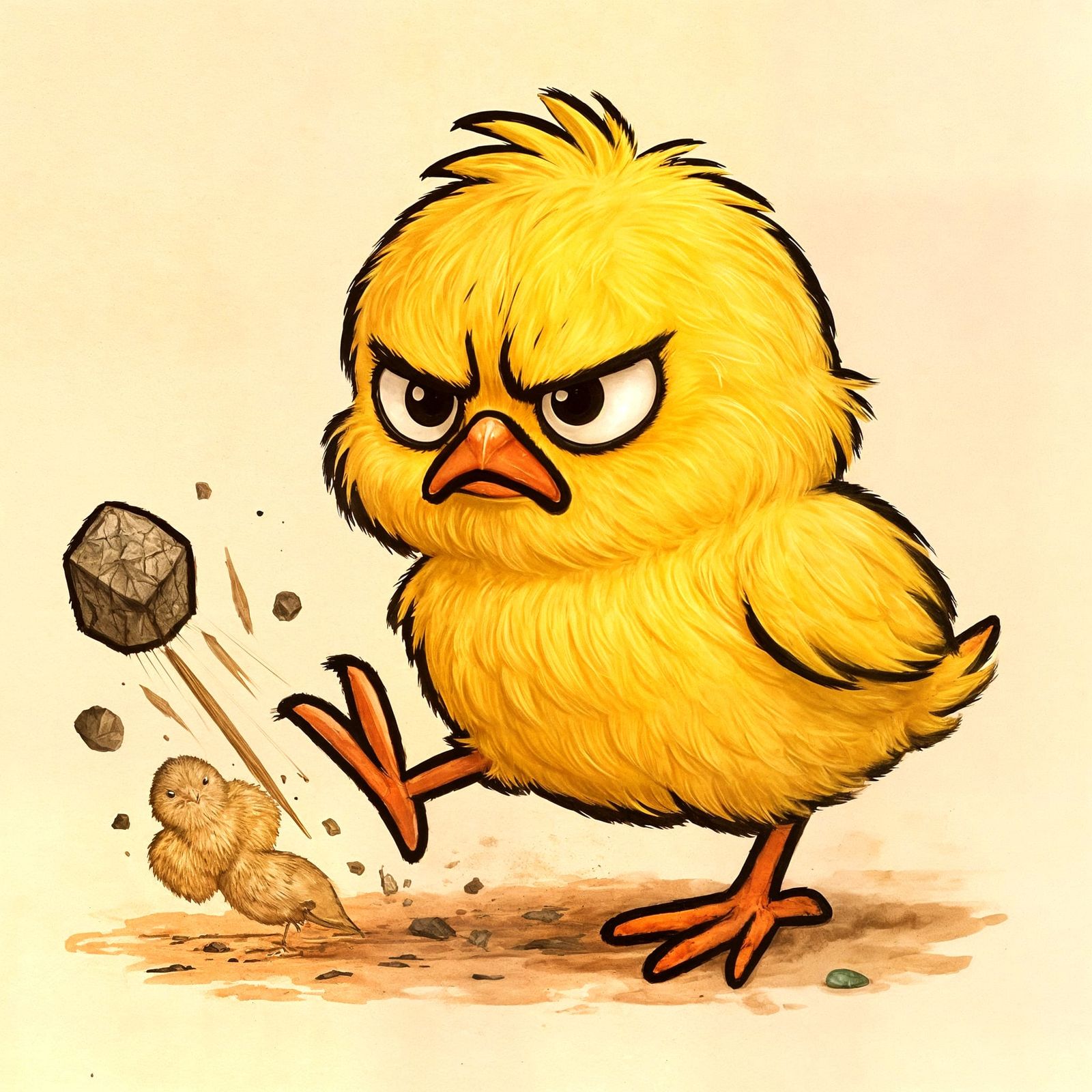 Grumpy Chick Kicking Rocks in Frustration