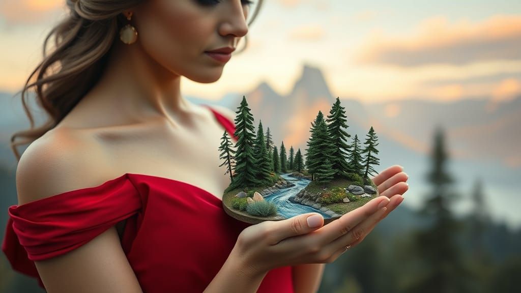 Woman Cradles Miniature Forest in Ethereal Style