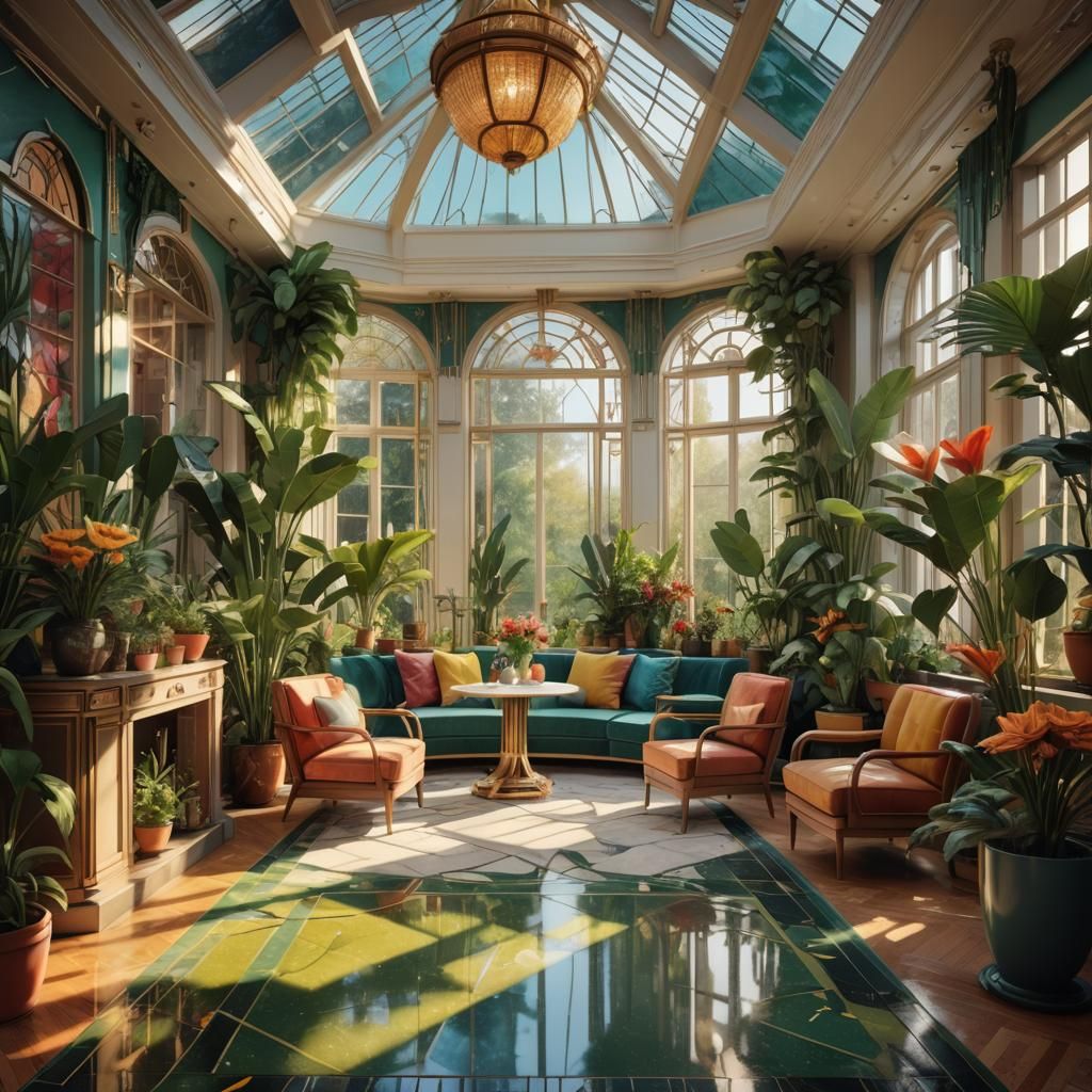 beautiful art deco apartment interior with garden conservato...