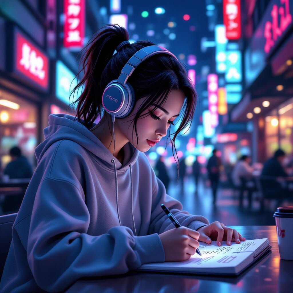 Girl Drawing in Futuristic Tokyo Cafe, Cyberpunk Style
