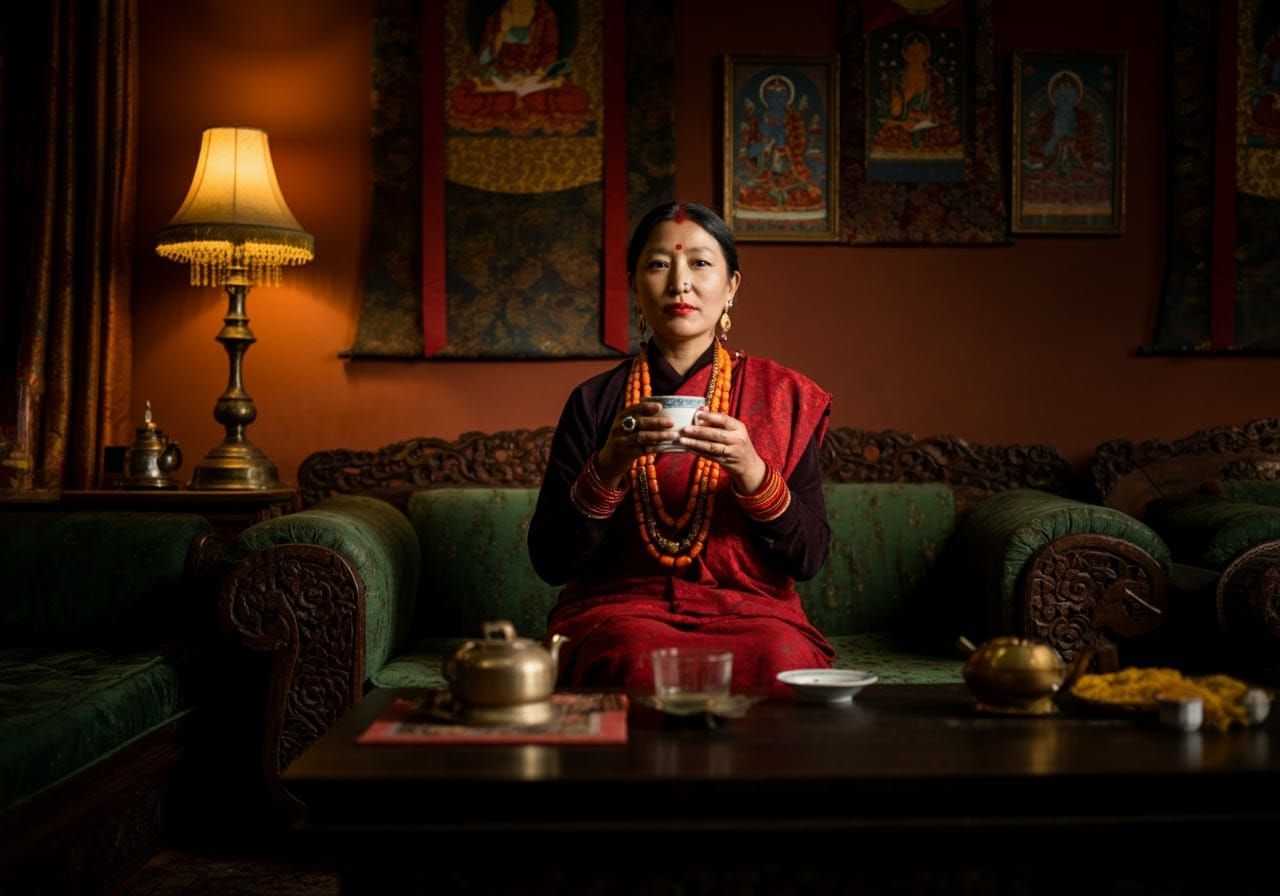 Nepalese Woman in Traditional Dress with Tea Cup