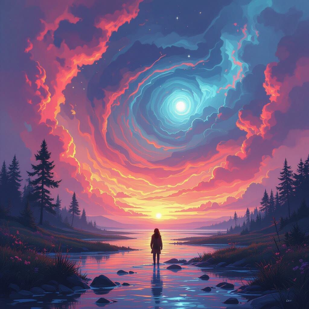 Dreamlike Futuristic Scene with Vibrant Swirling Colors