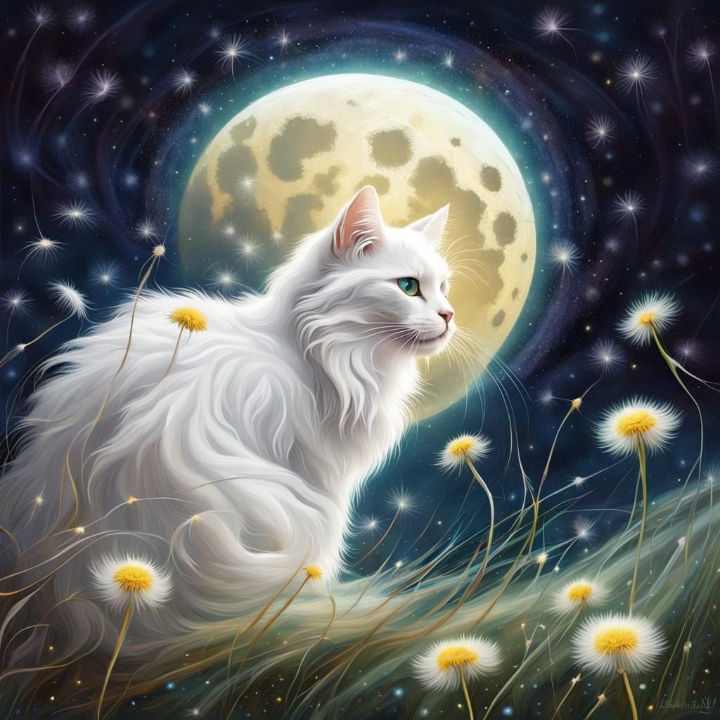 White Cat Surrounded by Dandelions at Night
